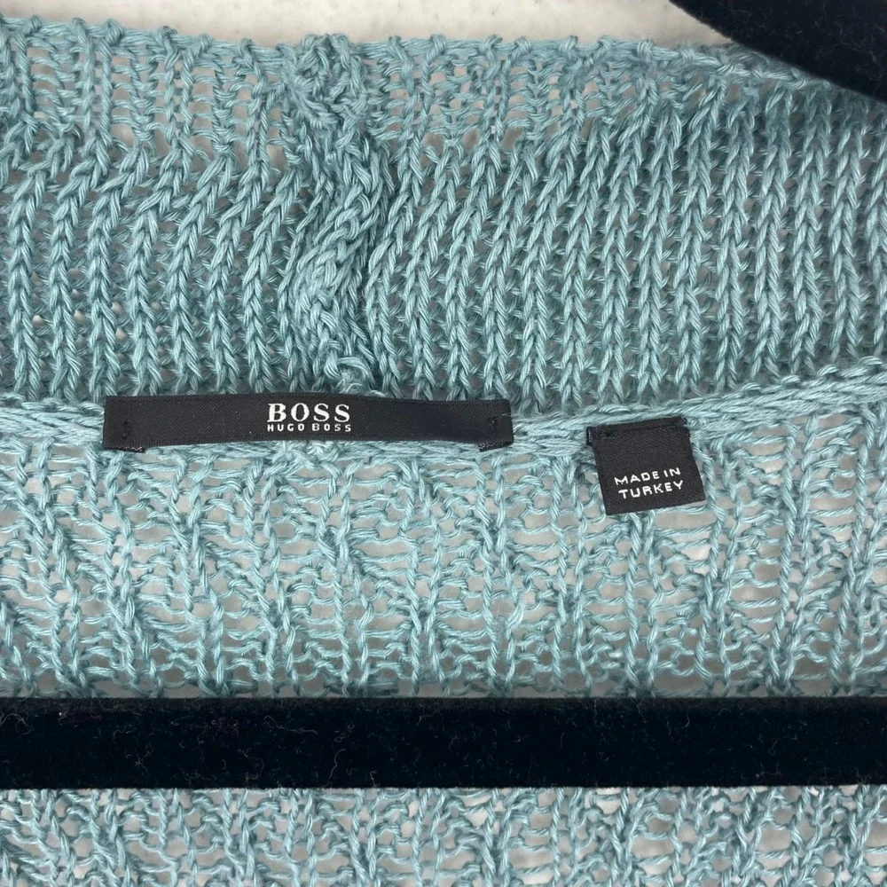 BOSS Hugo Boss Knit Cardigan Sweater Women's Small‎ Blue Open Front 100% Linen